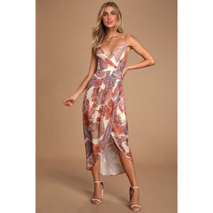 Lulus Janey Blush Paisley Print Surplice Midi Dress Pink - Size M